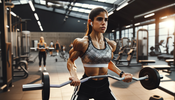 A fitness athlete girl with prominent muscle mass, wearing AirPods, training hard in a fitness gym. She has a ponytail and is wearing tight sportswear. She is exercising with weights, showing focus and determination in her facial expression. The gym is equipped with modern machines and weights, and there are other athletes training in the background. The lighting is bright and energetic, highlighting the athlete and her surroundings.