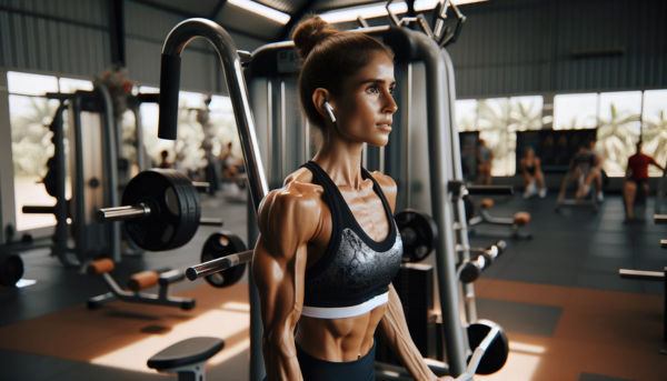A female fitness athlete with remarkable muscle mass, training hard in a fitness gym. She has her hair pulled back in a high ponytail and is wearing AirPods. The athlete is wearing a sports top and leggings, and is lifting weights. The gym is equipped with several modern exercise machines and weights. The athlete shows a concentrated and determined expression, focused on her workout.