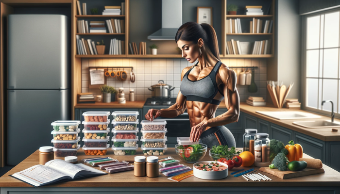 A hyper-realistic, horizontal image of a female IFBB bikini fitness athlete preparing for a competition. The scene is set in a well-lit kitchen, where the athlete is meticulously arranging meal prep containers filled with nutritious foods on a counter. Various dietary supplements are neatly organized beside the food. In the background, there's a stack of fitness-related books and training elastic bands on a table. The athlete, dressed in casual athletic wear, is focused and exhibits a lean, toned physique, typical of an IFBB bikini fitness competitor, reflecting her dedication and preparation for the competition.