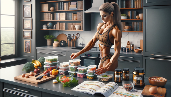 A hyper-realistic, horizontal image depicting a female IFBB bikini fitness athlete preparing for a competition. The setting is a well-equipped kitchen, where the athlete is engaged in meal prepping. She meticulously arranges containers with balanced, nutritious meals on the counter. Alongside, various fitness supplements are neatly lined up. In the background, a collection of fitness and nutrition books, along with resistance bands for training, are arranged on a table. The athlete, dressed in casual athletic wear, shows focus and determination, embodying the discipline of a bikini fitness competitor.