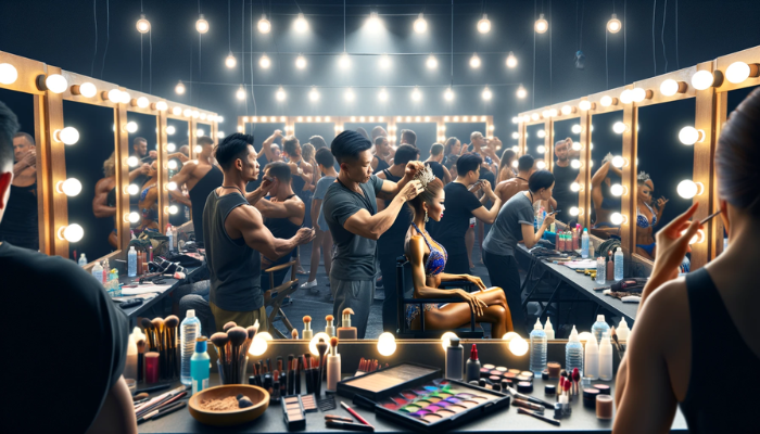 Realistic widescreen panoramic image depicting a bikini fitness competitor in a backstage setting, focusing on 'Attention to Detail: Hair and Makeup.' The scene captures the intense, focused atmosphere of a competition's backstage. The female competitor is seated, surrounded by the bustling environment of other competitors, coaches, and makeup artists. She is getting her hair styled and makeup applied meticulously, emphasizing the glamour and precision required for the stage. The setting includes mirrors with bright lights, makeup tools, and the busy, anticipative ambiance of a fitness competition's backstage area. https://www.bikinifitnessifbb.com/