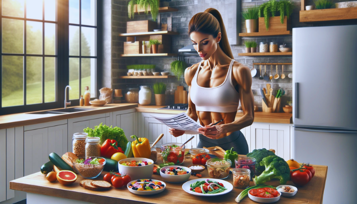 Realistic image illustrating the concept of 'Personalized Nutrition for Bikini Competitors' in a widescreen panoramic aspect ratio. The scene is set in a modern, well-lit kitchen where a female bikini competitor is engaged in meal prep. She is focused on preparing various healthy dishes, surrounded by an array of colorful, fresh ingredients like fruits, vegetables, lean proteins, and whole grains. The kitchen is spacious and contemporary, with a large window showing a sunny day outside. She is reviewing a nutrition plan laid out on the counter, symbolizing the importance of personalized nutrition in her training regimen. https://www.bikinifitnessifbb.com/